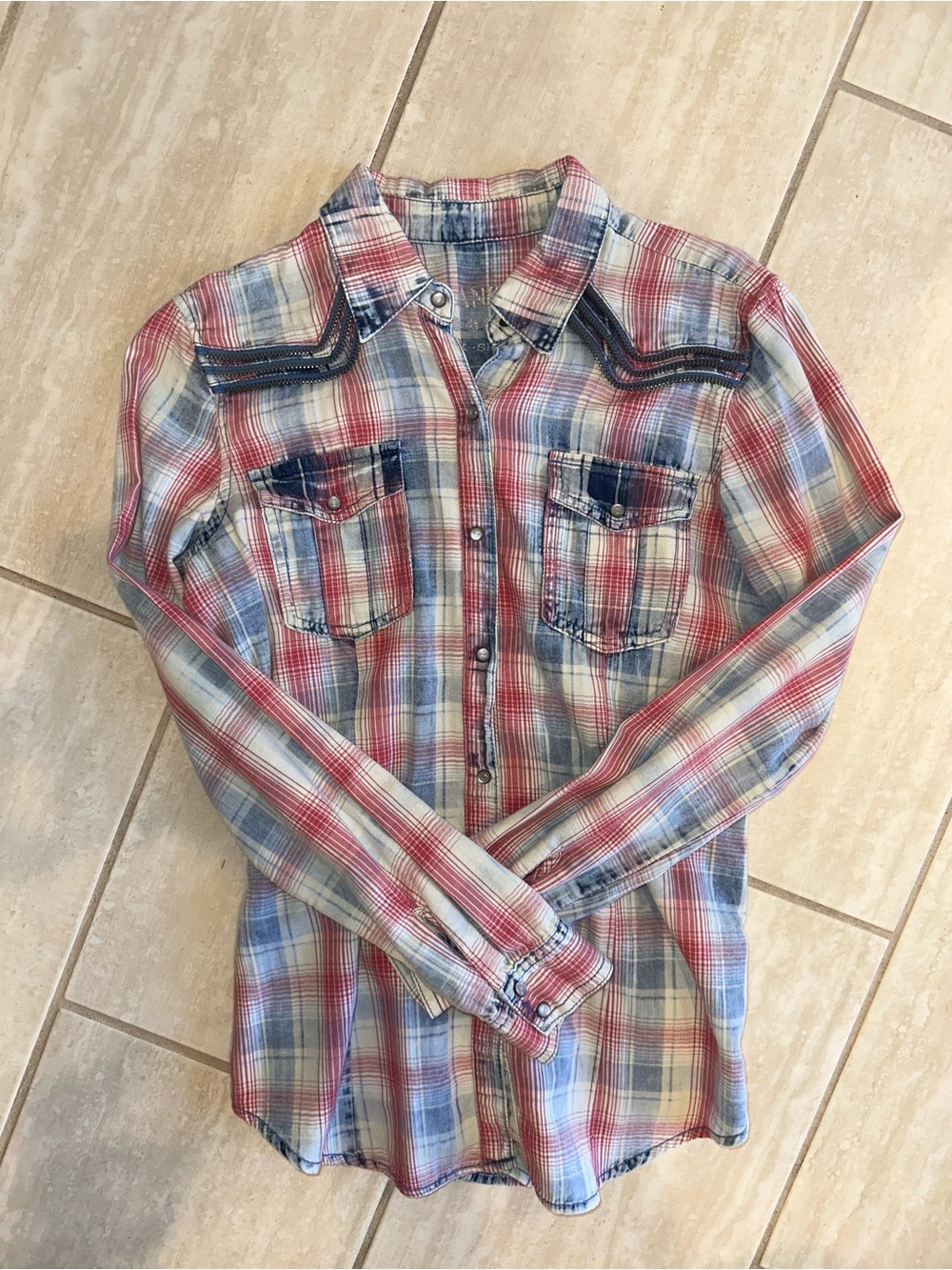 Blank NYC Red, Blue & Cream Plaid Snap-Front Shirt